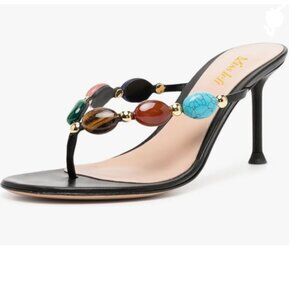 miss left Black Jewelled Open Toe Flip Flops Sexy Thin High Heel Slip on Sandals